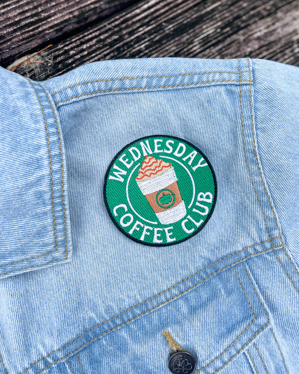 Ali Hazelwood patch for The Love Hypothesis fans featuring a 'Wednesday Coffee Club' design on a green background with a to-go coffee cup in the center.