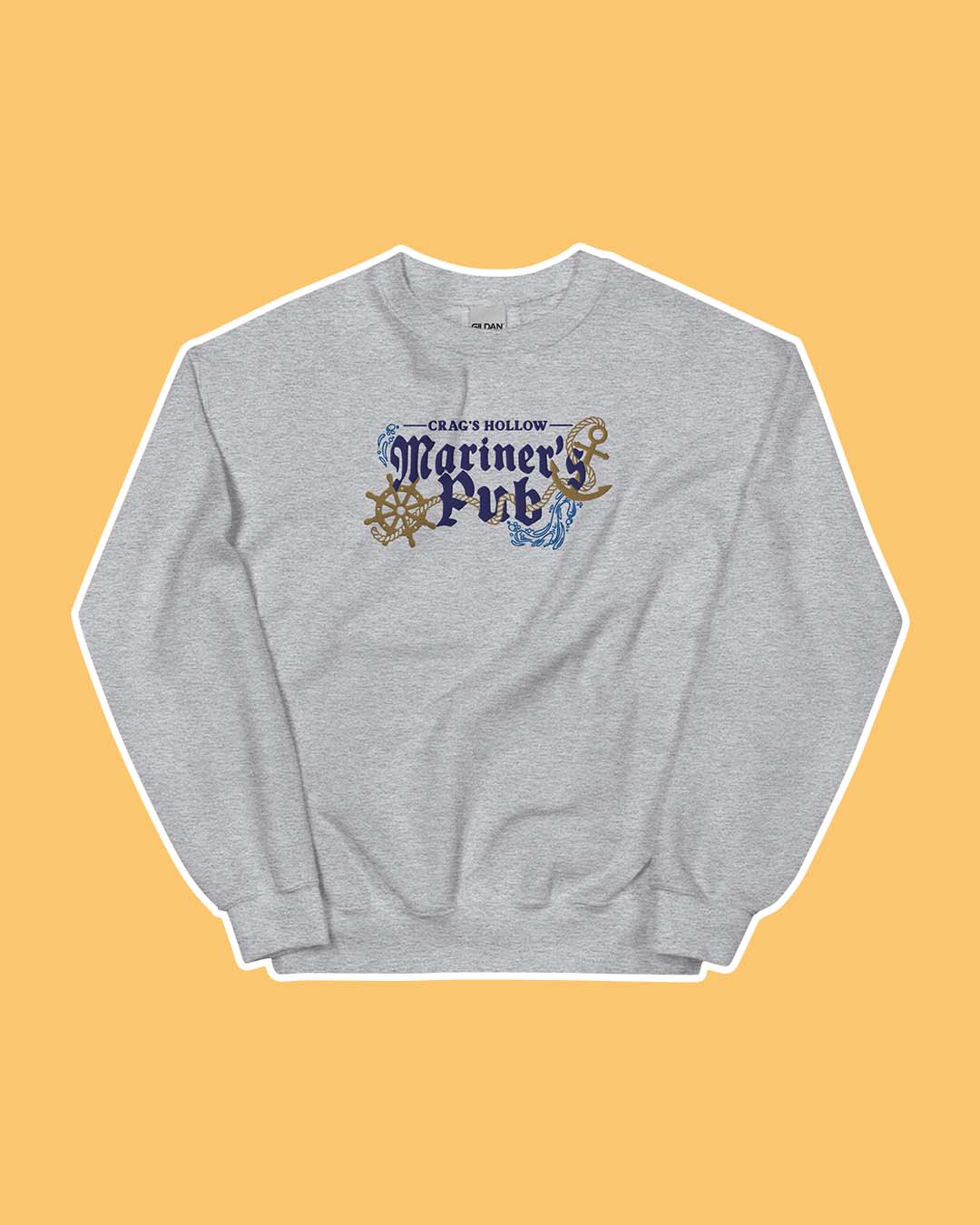 Embroidered A Dawn of Onyx sweatshirt featuring a design for the Mariner's Pub with nautical details like anchors, waves, rope, and a ship's wheel.