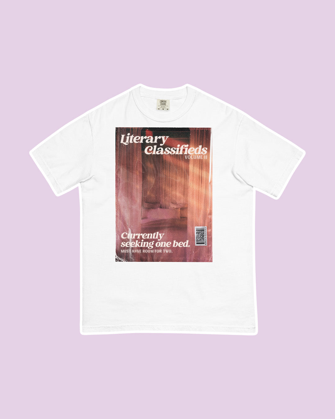 Romance shirt for book lovers featuring the 'Literary Classifieds, Volume II' for 'Currently seeking one bed' inspired by the only one bed trope.