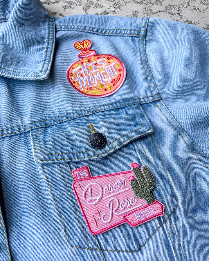 Romance patch set for People We Meet on Vacation fans featuring a perfume bottle with &