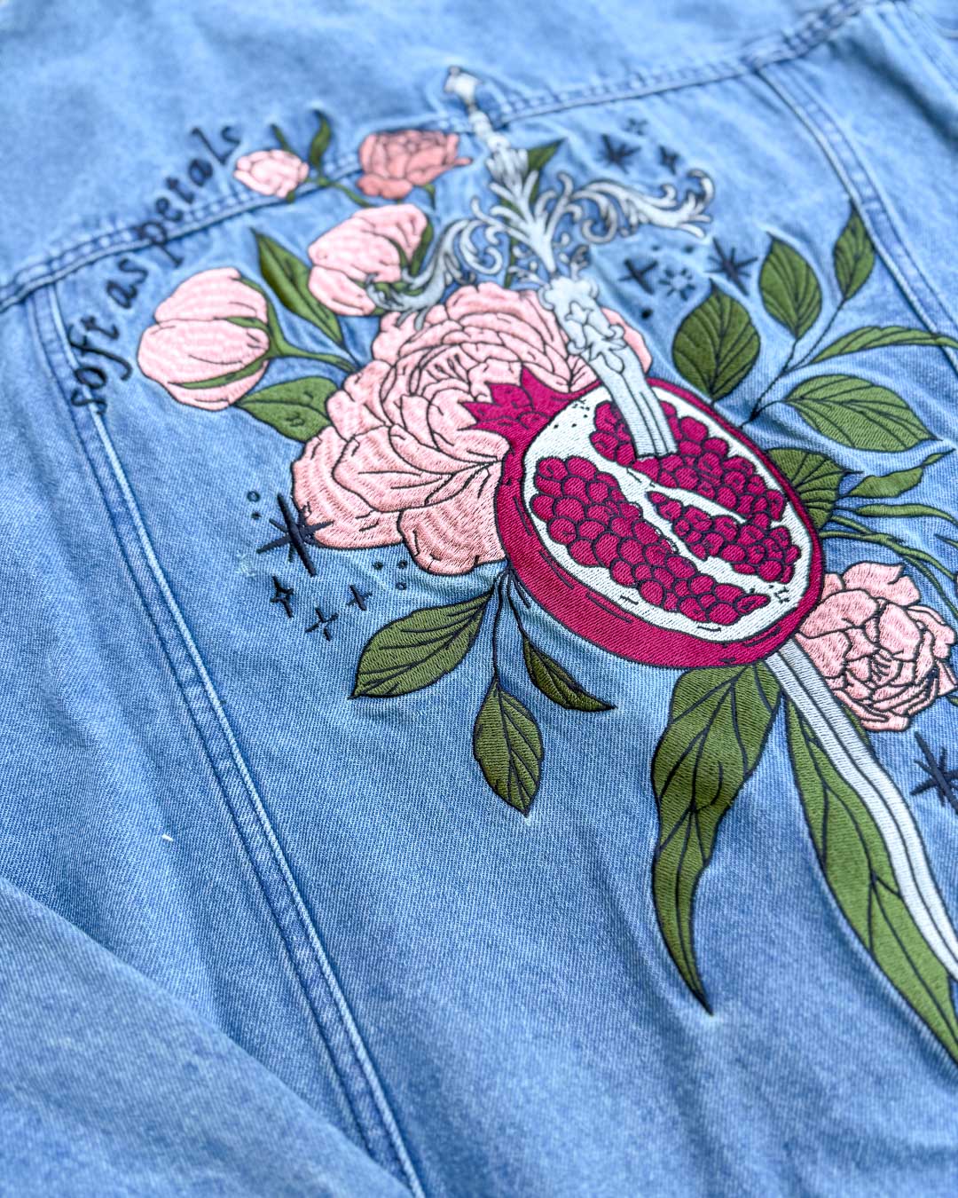 Embroidered denim jacket for fantasy lovers featuring the quote &