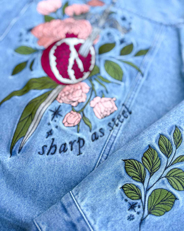 Embroidered jean jacket for Persephone fans featuring the quote &