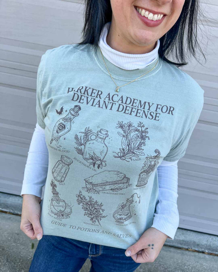Model wearing the Potions and Salves t-shirt from Kate Golden&