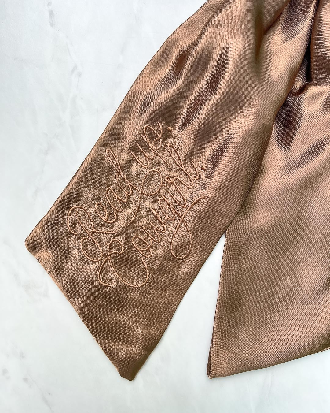 Satin bookish hair bow in brown with the embroidered quote &