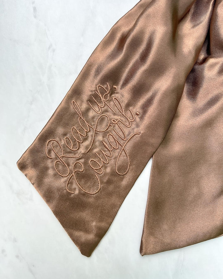 Satin bookish hair bow in brown with the embroidered quote &
