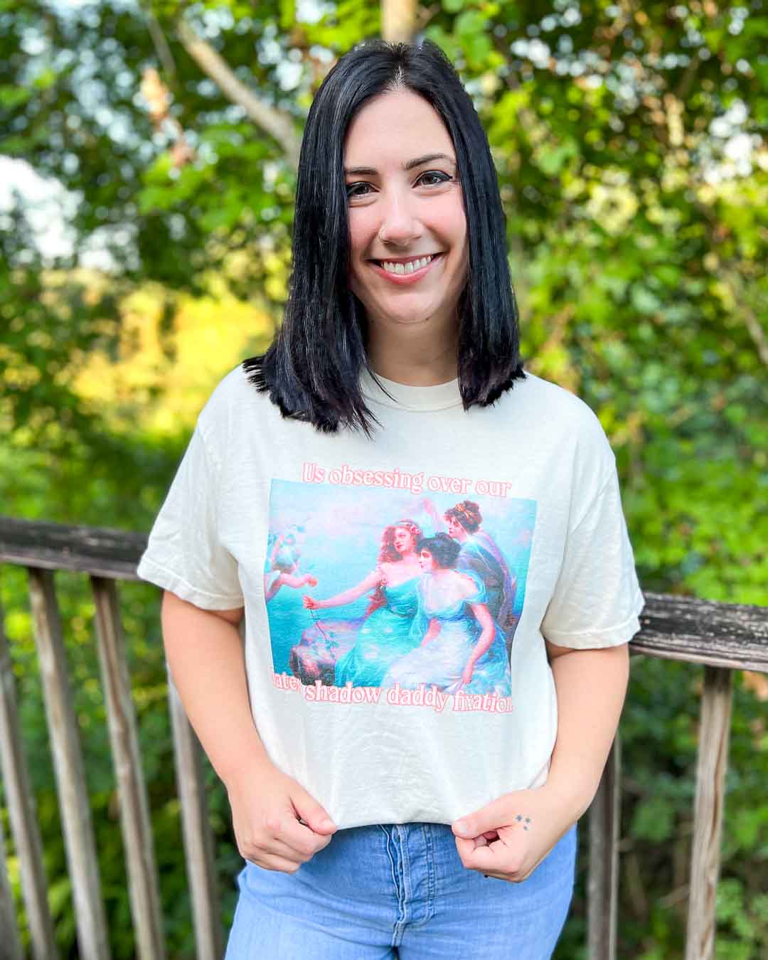 Colorful bookish tee for romantasy readers designed with a fine art painting and the text, &