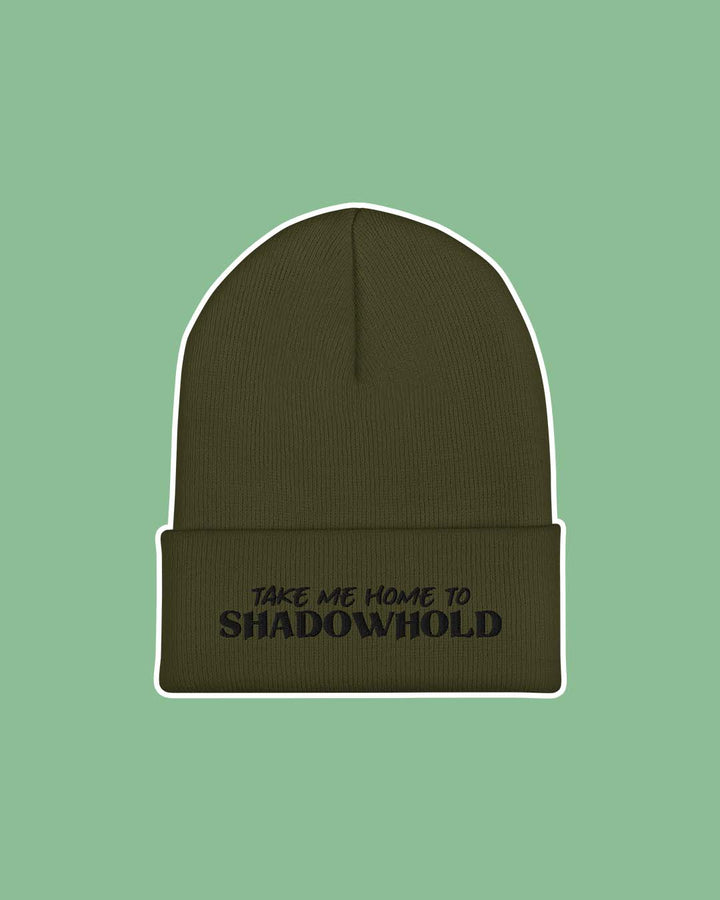 Olive green bookish beanie for A Dawn of Onyx fans with the text &