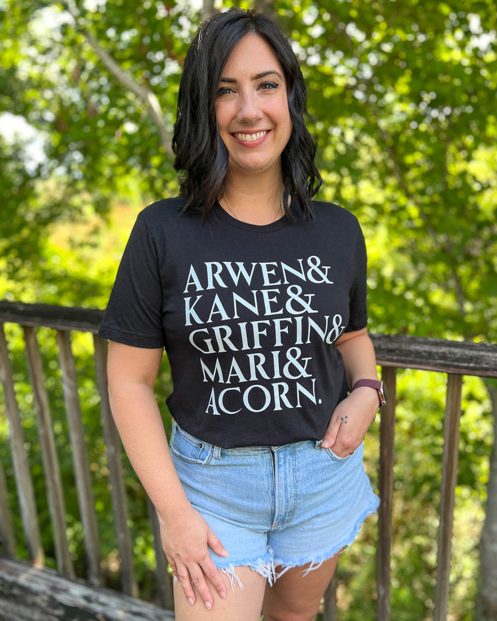 The Sacred Stones shirt with all the favorite character from a Dawn of Onyx including Arwen, Kane, Griffin, Mari, and Acorn.