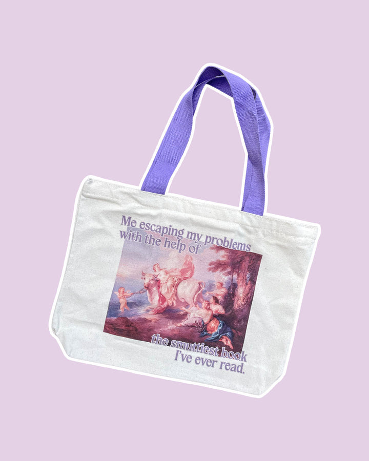 Fine art bookish tote bag for romance readers featuring a classic painting and the phrase &