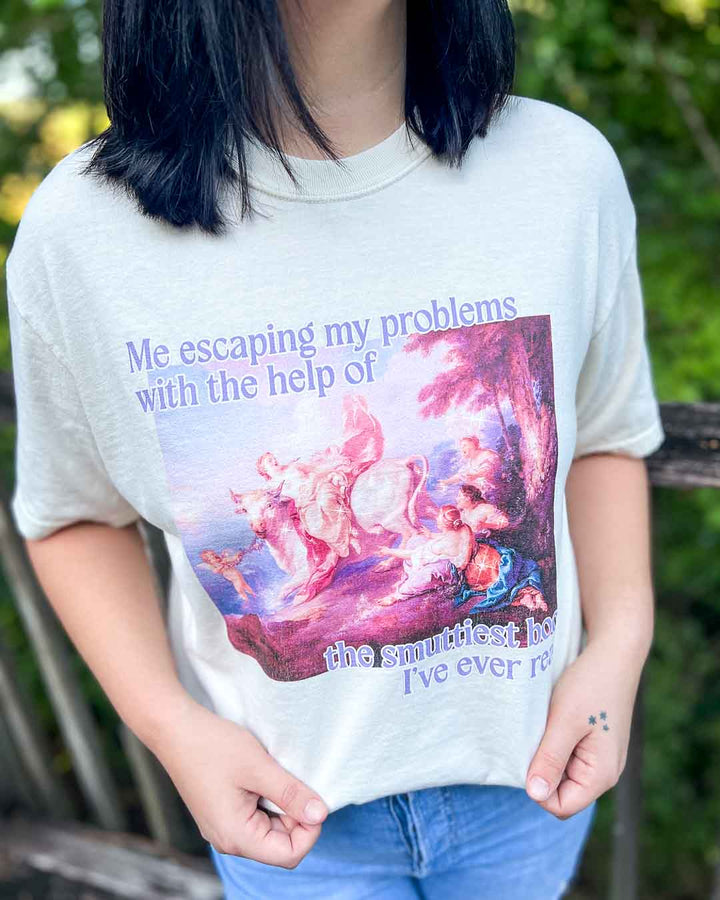 Bookish tee for romance readers featuring a fine art painting with the quote, &