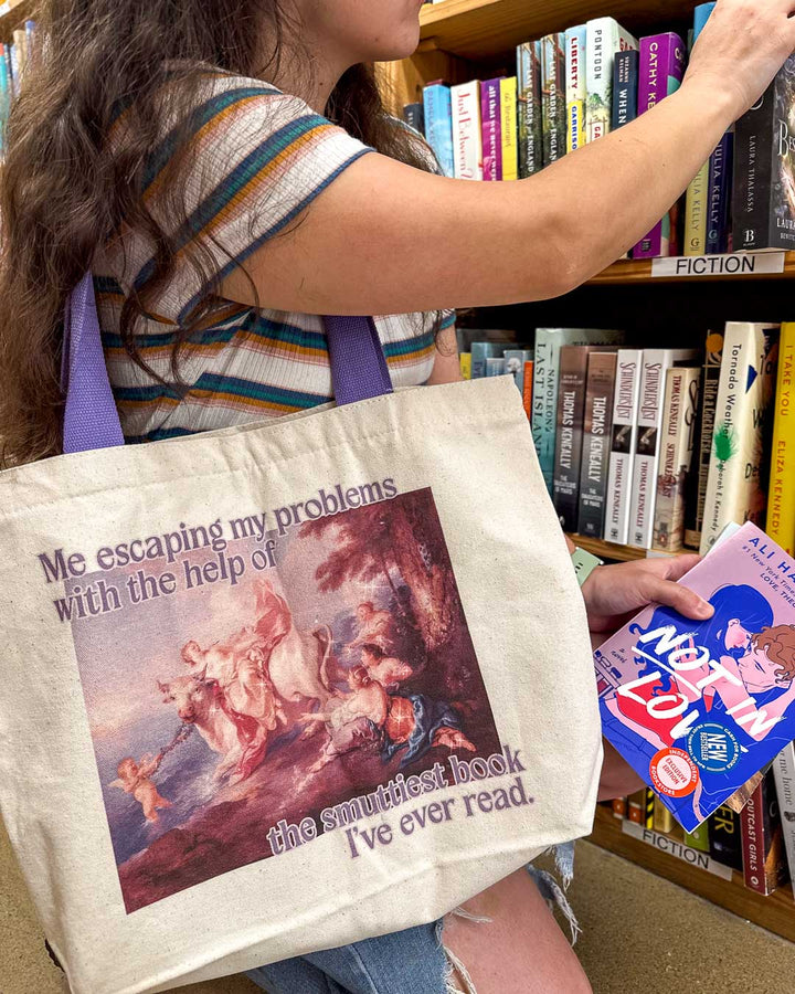 Colorful bookish tote bag for romance lovers of a fine art painting and the text, &