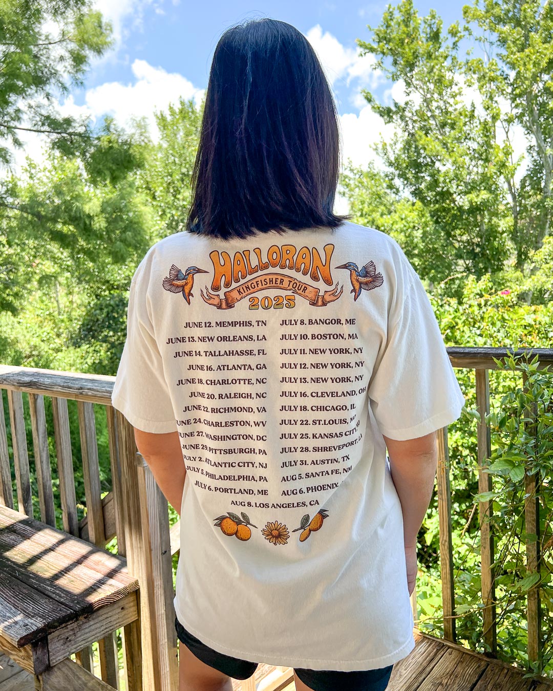 Back of the If Not For My Baby tee for the Kingfisher Tour featuring fourteen tour dates on a white tee.