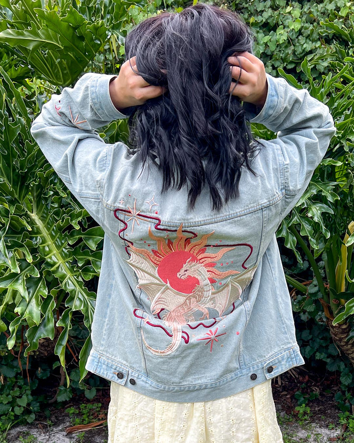 ROMANTASY CON PICK UP Sun Dragon Embroidered Jean Jacket