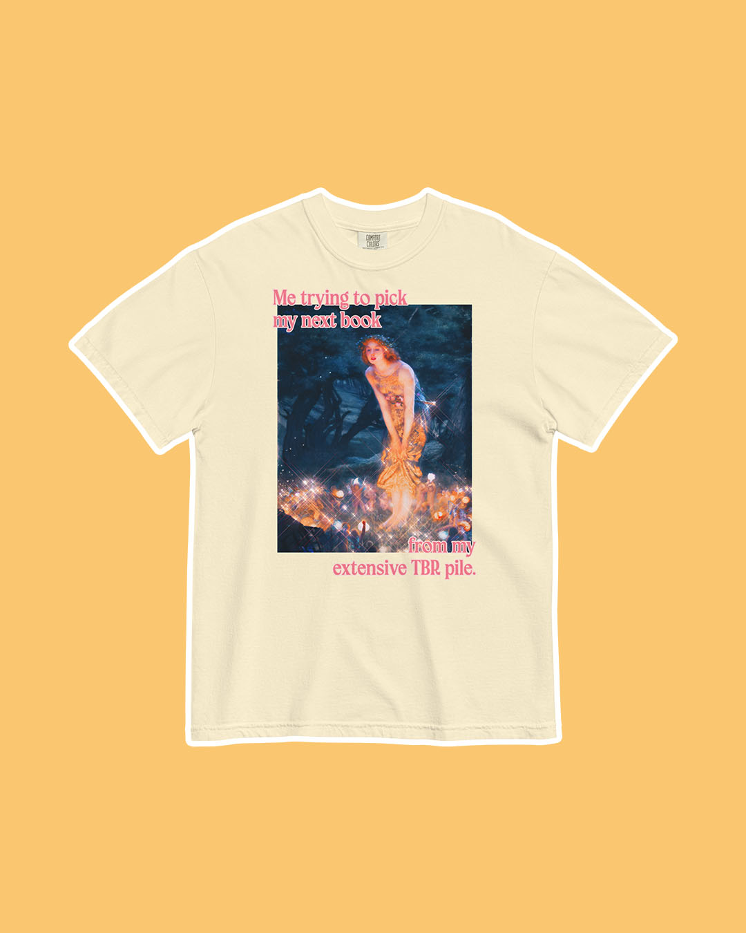 Fine art bookish shirt featuring a classic painting of a woman leaning forward and the phrase 'Me trying to pick my next book from my extensive TBR pile.'