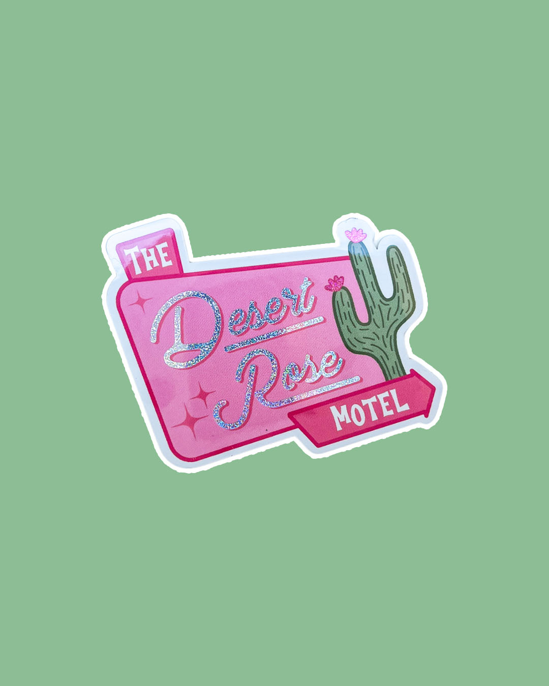 People We Meet on Vacation sticker for Emily Henry fans featuring a pink sign design of 'The Desert Rose Motel' designed with an illustrated cactus and star details.