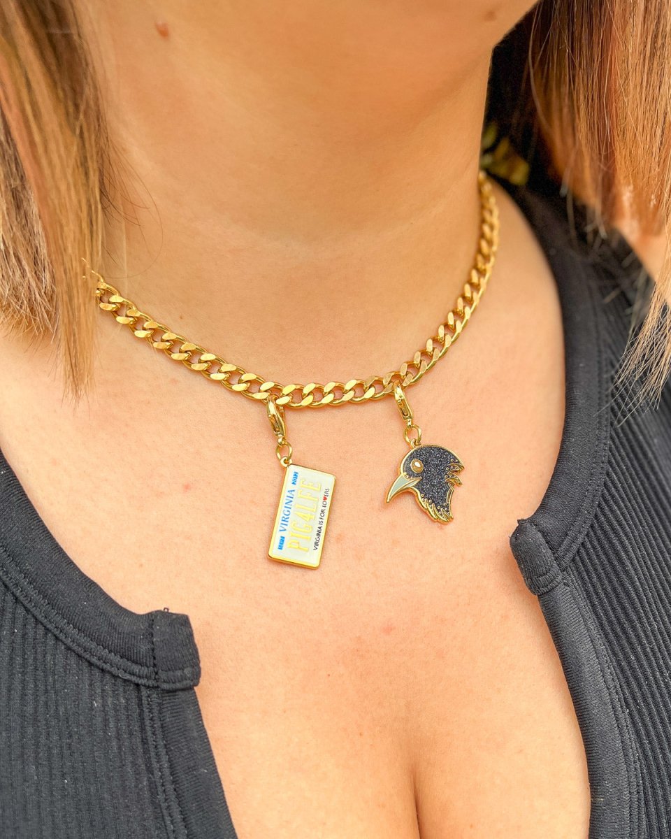 Two Raven Cycle charms on a gold necklace featuring a glittery raven design and a Virginia license plate saying 'PIG4LFE'