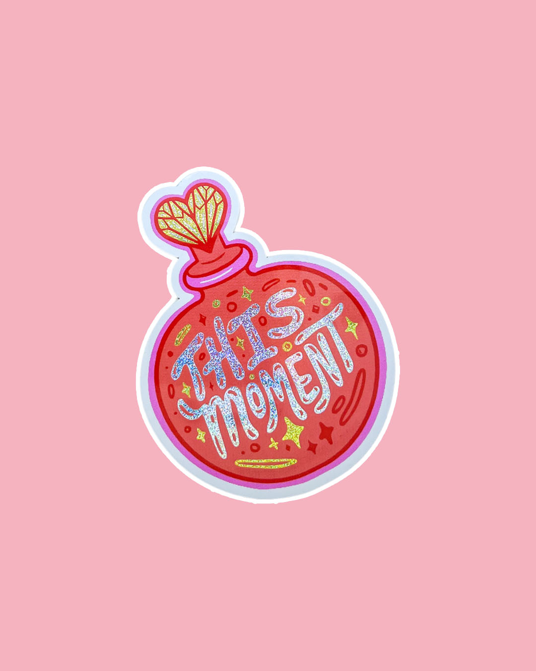 People We Meet on Vacation sticker featuring a multi-colored illustrated perfume bottle with glitter text spelling out 'This moment.'