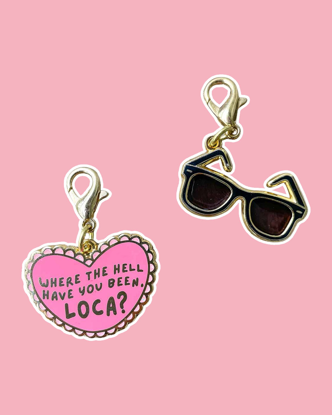 Twilight charm set featuring Edward's sunglasses and a pink heart with the quote 'Where the hell have you been, loca?'
