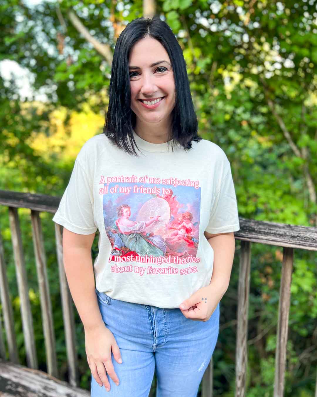 Colorful bookish tee of a fine art painting and the text, &