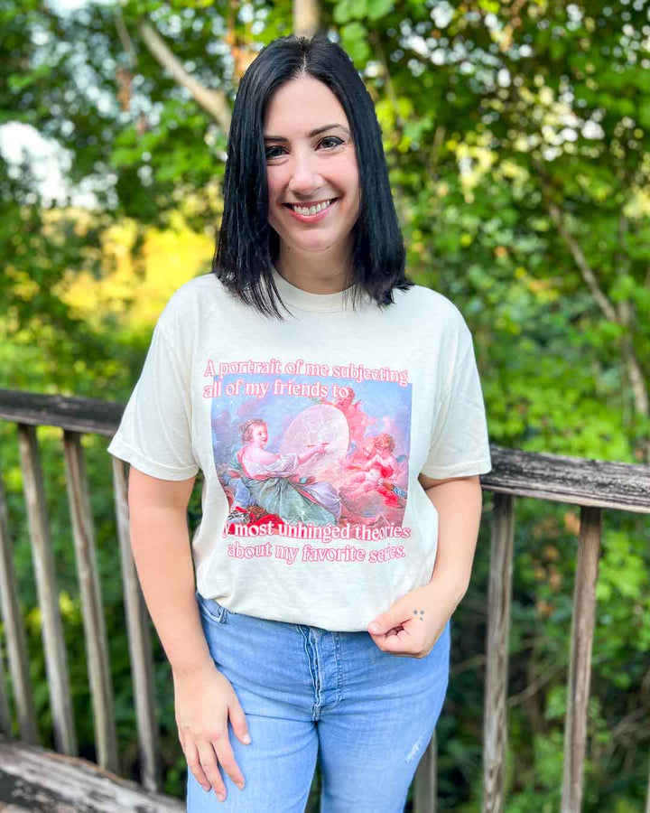 Colorful bookish tee of a fine art painting and the text, &