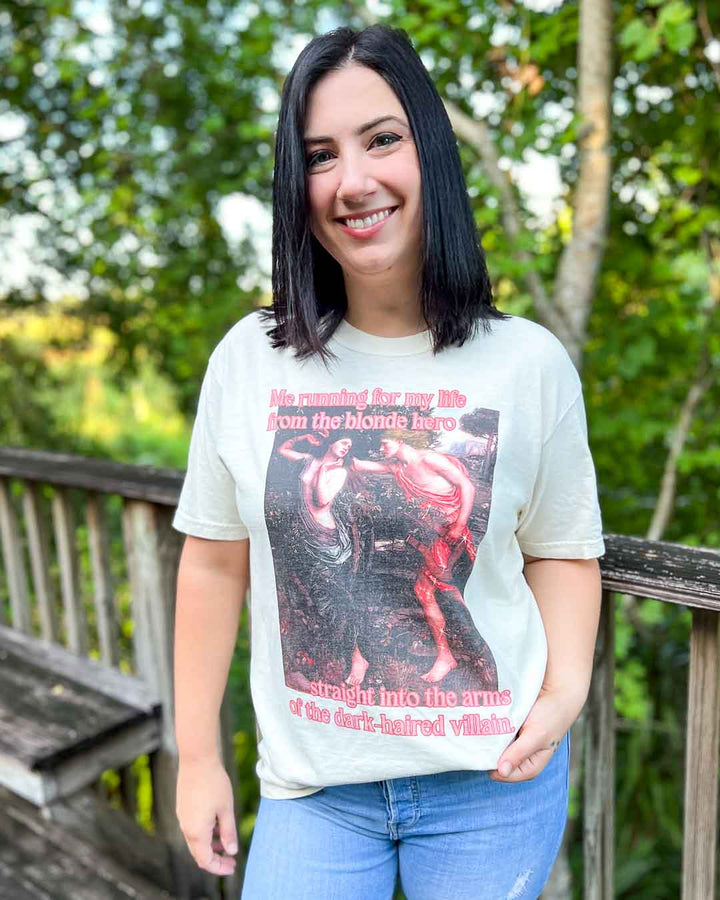 Colorful bookish tee for romance readers of a fine art painting and the text, &