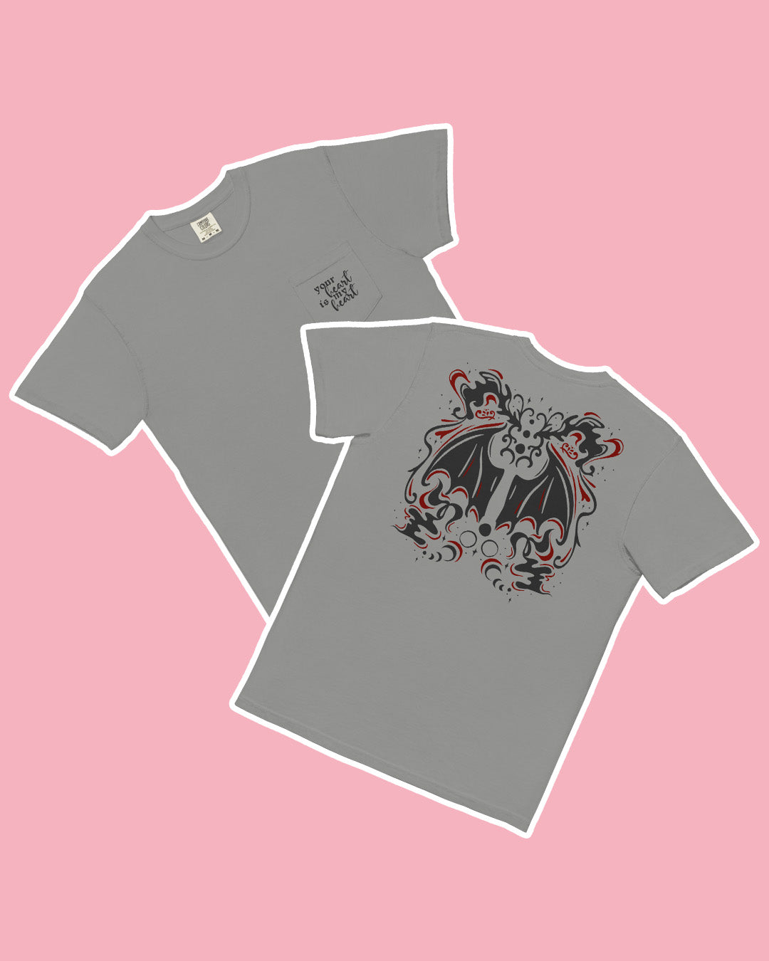 Double sided Serpent & the Wings of Night shirt with the quote 'your heart is my heart' on the pocket on the front left chest and a red and black wing design on the back for Carissa Broadbent fans.