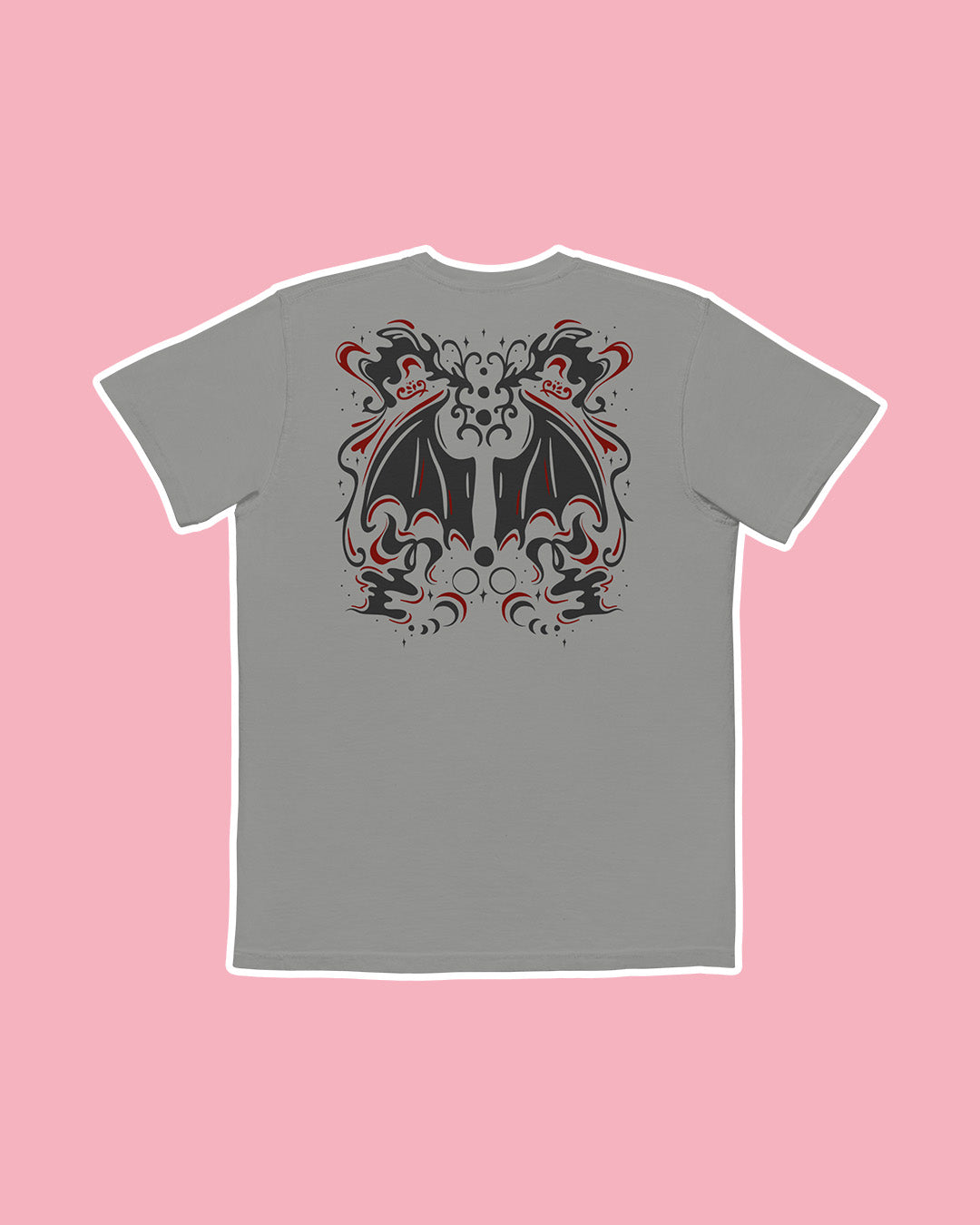 Back of the Serpent &amp; the Wings of Night pocket tee featuring the red and black wing design with swirls and crescents for Carissa Broadbent fans.