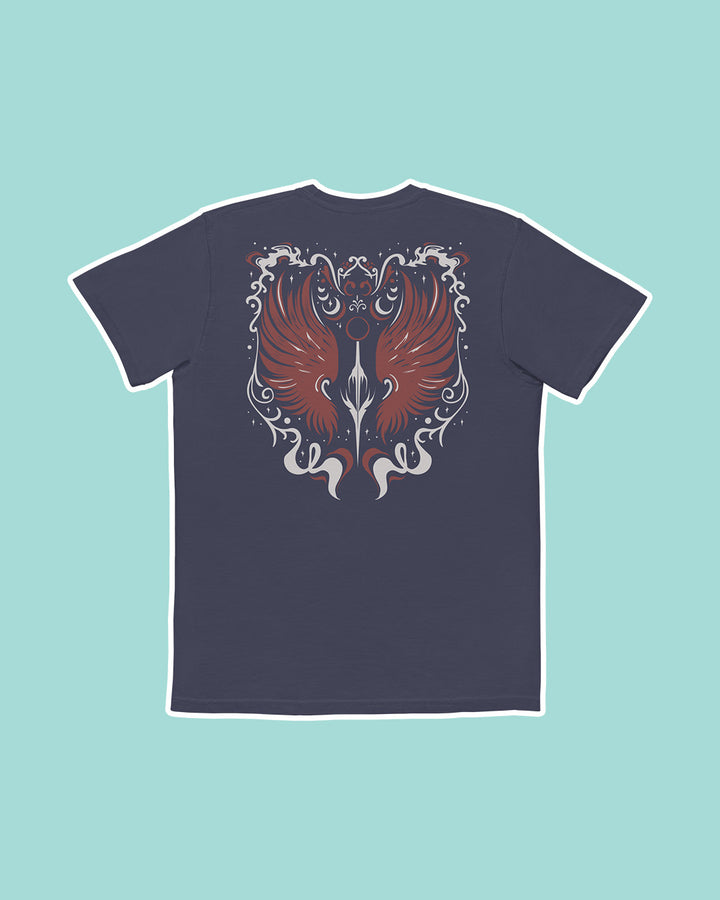 Back of the Serpent &amp; the Wings of Night pocket tee featuring the red and white wing design with swirls and crescents for Carissa Broadbent fans.