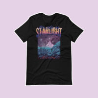 City of Starlight Flat Lay Shirt Inspired by A Court of Thorns and Roses by Sarah J Maas on purple background showing black tee shirt with vintages 80s inspired design of a snow covered mountain at night