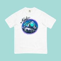 white shirt with a mountain design on a blue background inspired by A Court of Thorns and Roses