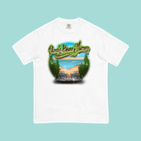 A white shirt with a vintage airbrush design on a blue background.