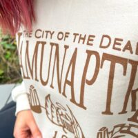 Close up of a sweatshirt with brown ink