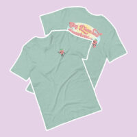 front and back sky diamond farms logo and pocket design on mint boyfriend tee against purple background
