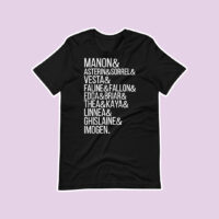 The Thirteen Unisex Tee Flat Lay Inspired by Throne of Glass by Sarah J Maas on purple background with black tee showing all 13 witches names