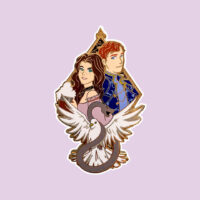 fictional flames layered pin featuring lou and reid back to back with a snake and white bird at the base pin is on a purple background